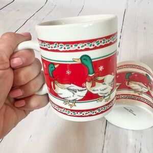 Vintage Christmas Mallard Duck Mugs Set of 2 Holiday Holly Berry Cottagecore